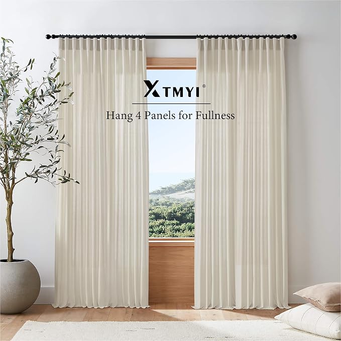 Rod Pocket Curtains for Traverse Rod with Hooks or Tap Tie Top with Clip Rings,Linen Back Tab Boho Sheer Country Curtain Draperies for Bedroom Living Room Dining,Warm Grey Greyish Beige,90 Inch Long