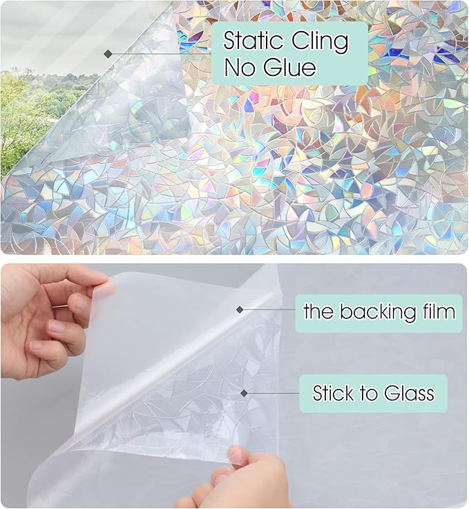 STATINT Stained Glass Privacy Film, UV Blocking Rainbow Static Cling Non-Adhesive Vinyl Stickers for Home Door Window, 29.5 Inch X 6.5 Feet