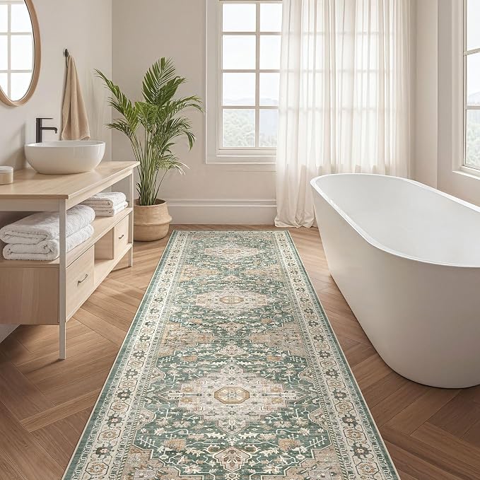 Runner Rug Kitchen Washable Rugs: 2x6 Non-Slip Abstract Soft Modern Stain Resistant Indoor Floor Neutral Accent Throw Carpet for Hallway Bathroom Laundry Room Entryway Bedroom- Green