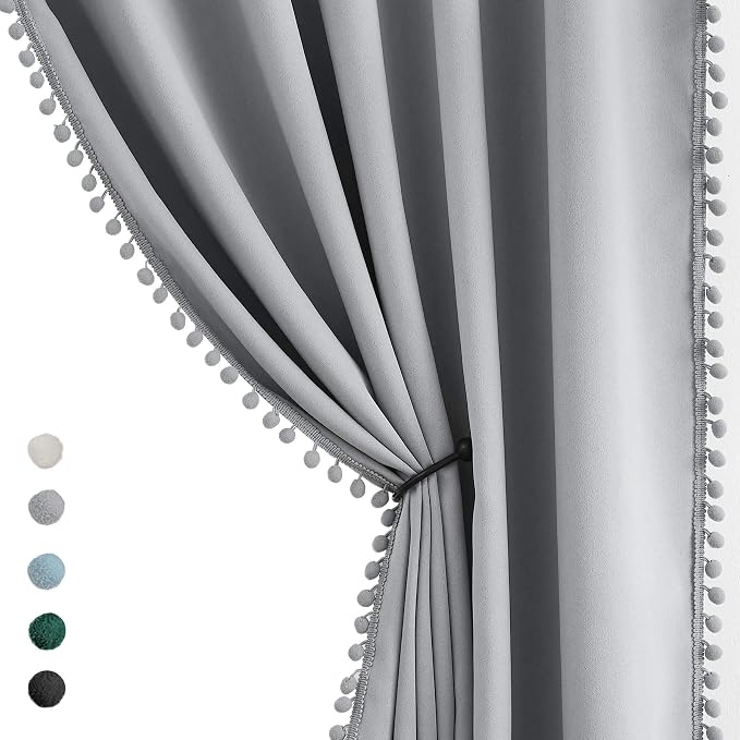 Treatmentex Grey Extra Wide Blackout Curtains 100x84 Length Pom Pom Grey Sliding Door Curtains for Bedroom Thermal Insulated Living Room Divider Drapes Grommet Top 1pc, 7' Tall by 8.5' Wide