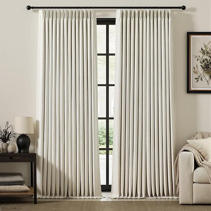 Natural Linen Blend Pinch Pleated 100% Blackout Curtains for Bedroom - 2 Pages Black Out Curtains 120 Inch Long 2 Panel for Living Room Darkening Thermal Window Curtain Drapes with 16pc Hooks, Thick
