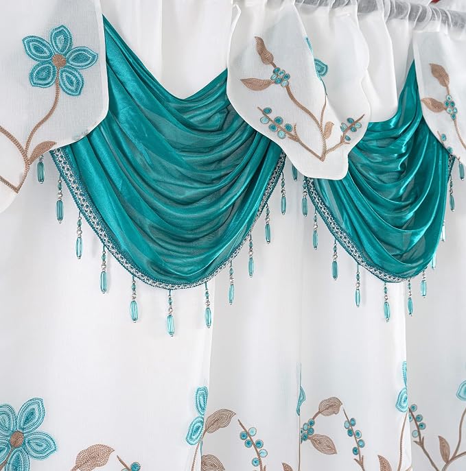 Petrichor Embroidered Sheer Curtain 2 Panels Set - Luxury Window Curtain Attached Valance with Satin Backing and 2 Tie Backs for Living Room,Dining Room, 54x63 inches, Turquoise