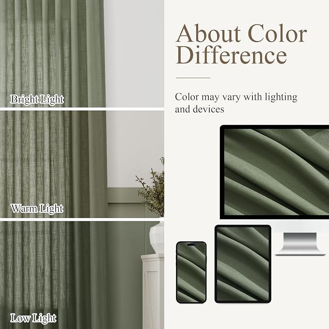 Aersas Olive Green Semi Sheer Long Curtains 120 Inch Length for Living Room 2 Panel Set Back Tab Rod Pocket Linen Textured Privacy Light Reducing Farmhouse Curtain for Dining Room 52x120
