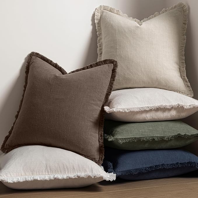 MIULEE Decorative Throw Pillow Covers Neutral Linen Fringe Throw Pillows Set of 2 Reddish Brown Boho Farmhouse Cushion Covers with Tassels for Couch Sofa Bed Living Room Fall Decor 18x18 Inch