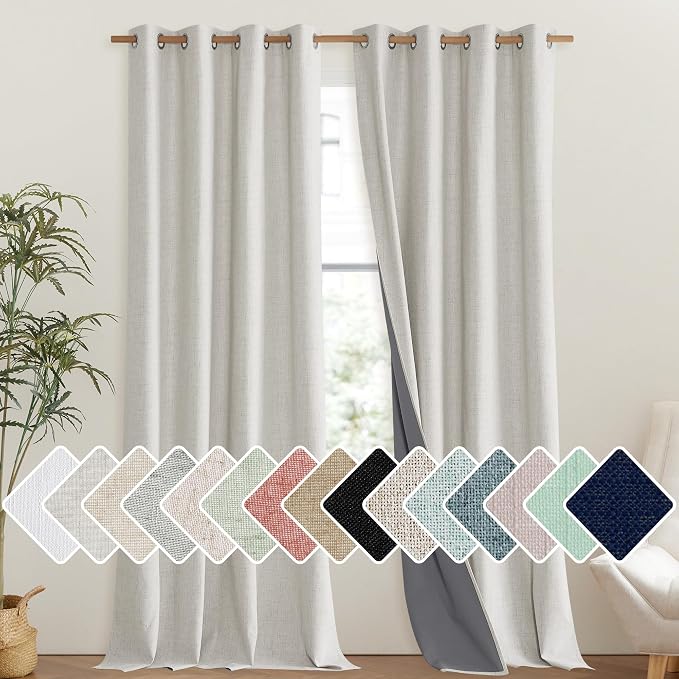 NICETOWN Snowbound Vintage Linen 100% Blackout Curtains for Living Room, Thermal Insulated Curtains 108" Long, Noise Reducing Window Treatment Drapes for Hall Room, 52" Wide Per Panel, Set of 2