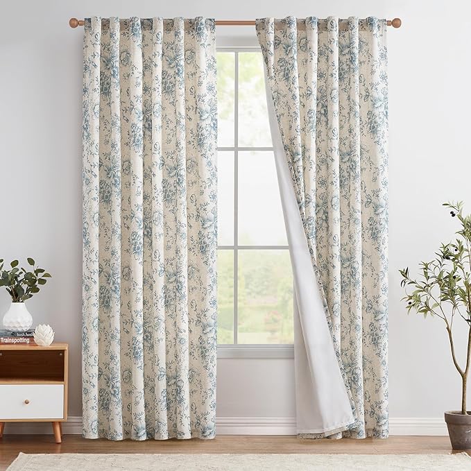 jinchan Floral Linen Curtains with Lined for Living Room 84 Inches Long Farmhouse Vintage Blue Peony Flower Printed Curtains Rod Pocket Back Tab Drapes Bedroom Window Treatments 2 Panels