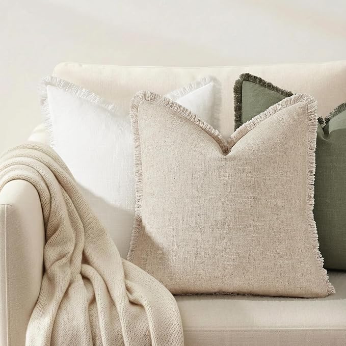 decorUhome Linen Fringe Throw Pillow Covers Set of 2 Decorative Natural Beige Pillow Covers with Tassels Soft Accent Boho Farmhouse Pillow Cases for Couch Bed Sofa 16x16 Inch