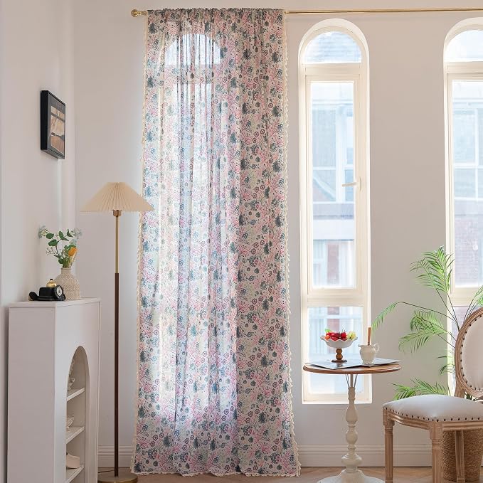 OYX Floral Curtains 84 Inch Length 2 Panels for Living Room, Bedroom Light Filtering Drapes, Farmhouse Vintage Country French Rustic Tassels Pattern Rod Pocket Aesthetic Decor Window Treatments