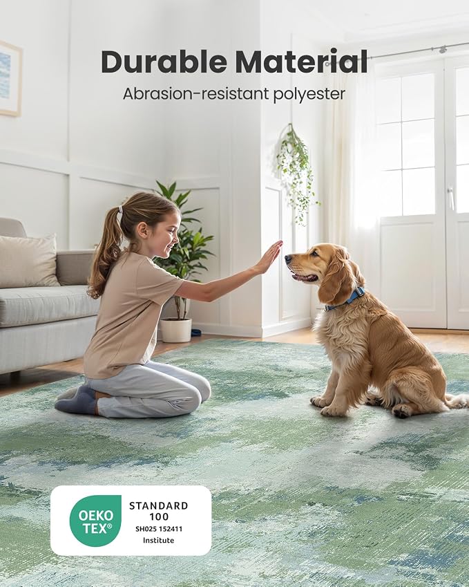 6x9 Area Rugs for Living Room, Modern Abstract Washable Rug with Non-Slip Backing & Low Pile Indoor Carpet for Nursery Room, Bedroom and Dinning Room, Green