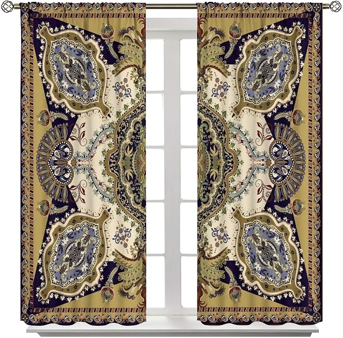 Bohemian-Style Curtains, Featuring Colourful Paisley Floral Prints, Suitable for Bedrooms, Living Rooms and Kitchens As Blackout Curtains.63X63 Inch
