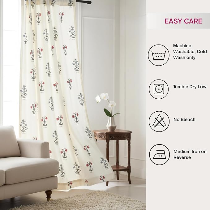 ATOSII 100% Cotton Single Panel Block Print Curtain, Easy Hanging with Rod Pocket & Loop, Living Room, Dining Room, Bedroom Light Filtering Boho Curtains, Set of 1, 60" W X 108" L, Tamra