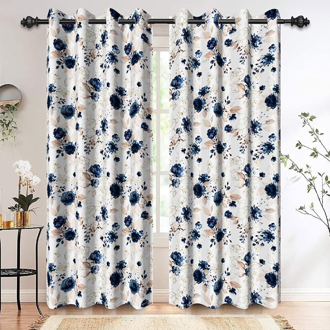 Renaiss Blue Floral Blackout Curtains, Flowers Pattern Thermal Insulated Window Curtains & Drapes for Bedroom 53W x 96L inches Long 2 Panel Set for Living Room Noise Reducing Decorative Curtains