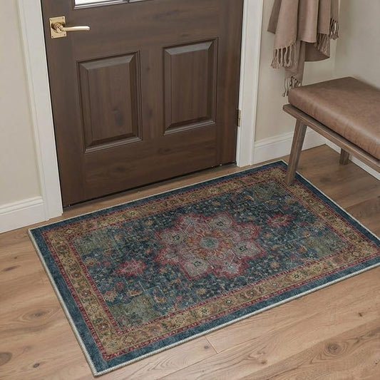 GENIMO Area Rug 2x3 Doormat, Machine Washable Low Pile Rugs, Small Retro Chenille Entryway Mat for Entrance, Hallway, Kitchen and Corridor, Teal Burgundy