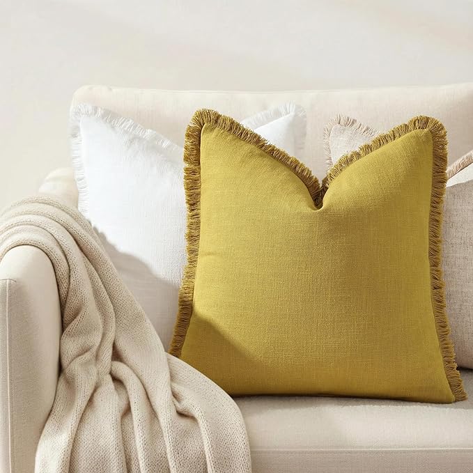 decorUhome Summer Decorative Neutral Linen Fringe Throw Pillow Covers Set of 2 Mustard Yellow Pillow Covers with Tassels Soft Farmhouse Boho Accent Pillow Cases for Couch Bed Sofa 18x18 Inch