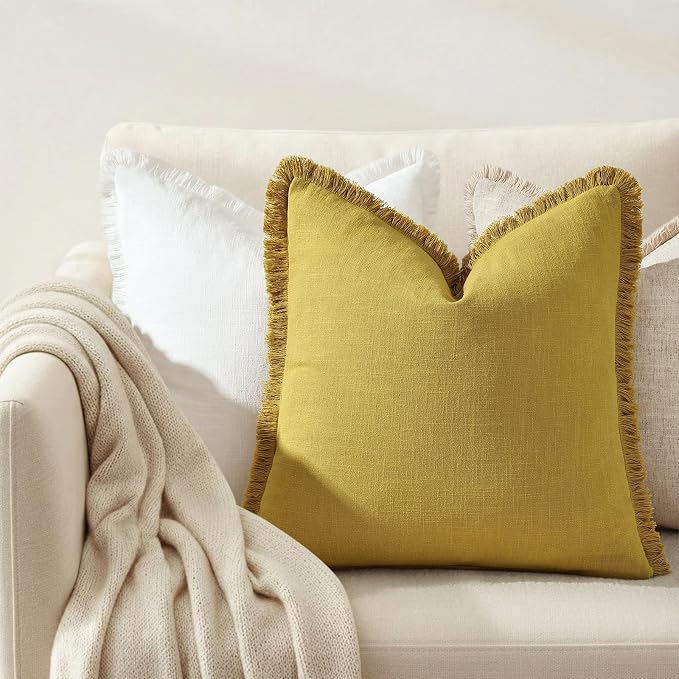 decorUhome Linen Fringe Throw Pillow Covers Set of 2 Decorative Mustard Yellow Pillow Covers with Tassels Soft Accent Boho Farmhouse Pillow Cases for Couch Bed Sofa 20x20 Inch