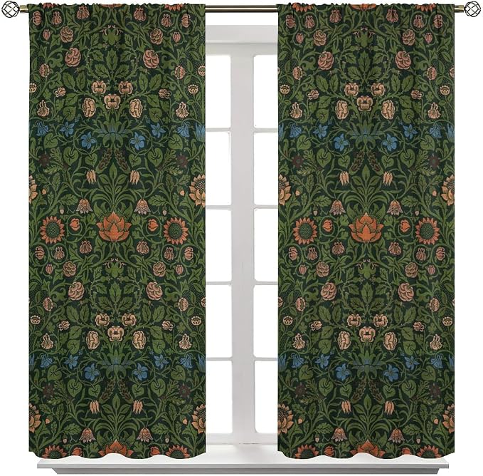 Bohemia Plant Flowers Pattern Blackout Window Curtains, William Morris Art Print Vintage Decor Curtains, for Living Room Bedroom 31.5(W)*72(L) 2 Panels