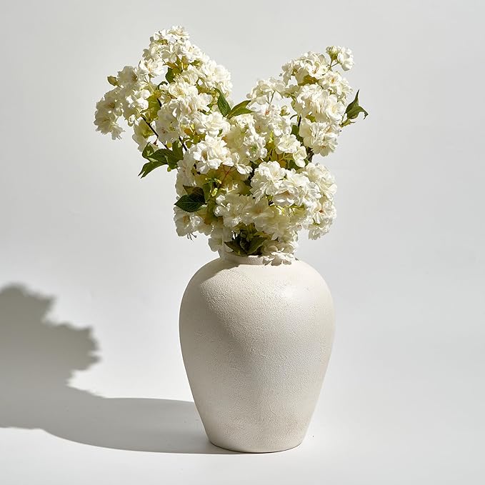 LB2 White Ceramic Large Vase, 12.7" Tall Zen Style vase, Terra Cotta Pitcher, Distressed Farmhouse Decor, Pottery Decorative Flower for Home Decor