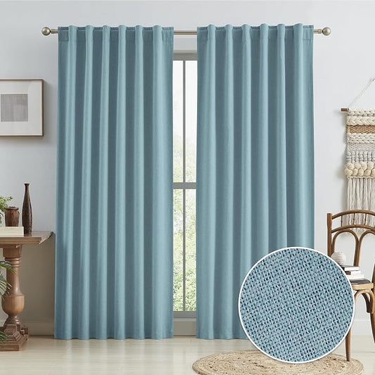KEQIAOSUOCAI Slate Stone Blue Linen Blackout Curtains 90 Inch Long 2 Panels, Back Tab Rod Pocket Hook Belt Thermal Insulated & Energy Efficiency Full Shading Panels for Living Room 50 Inch Wide