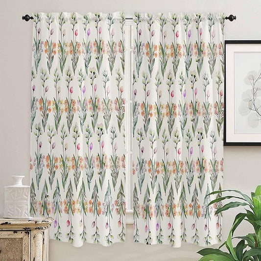 Kitchen Tier Curtains 72 inches Long, Vintage Flower Colorful Floral and Green Leaves Window Curtains for Living Room Bath,Rod Pocket Light Filtering Drapes Short Half Window Treatment Tiers 2 Panels