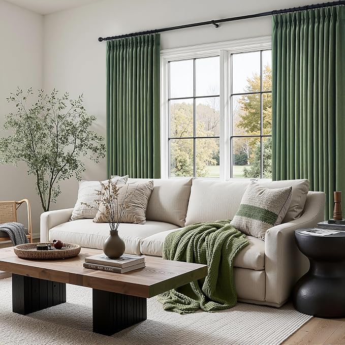 Olive Green Pleat Memory Shape Linen Curtains 90 Inch Length 2 Panels for Living Room, Cottagecore Farmhouse Loden Light Filtering Moss Office at Home Sheer Curtains 40"x90" Long