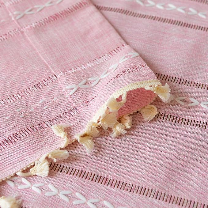 RoomTalks Cute Pink Textured Curtains for Girls Bedroom Nursery 63 Inches Length 2 Panels Light Filtering Boho Chic Tassel Window Curtain Panels Modern Farmhouse Draperies