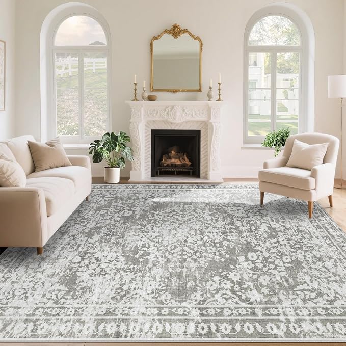 Vintage Living Room Area Rug - 9x12 Large Machine Washable Boho Area Rug Distressed Floral Rugs for Bedroom, Soft Non-Slip Indoor Floor Accent Rugs for Office Dining Room (Floral Grey, 9'x12')
