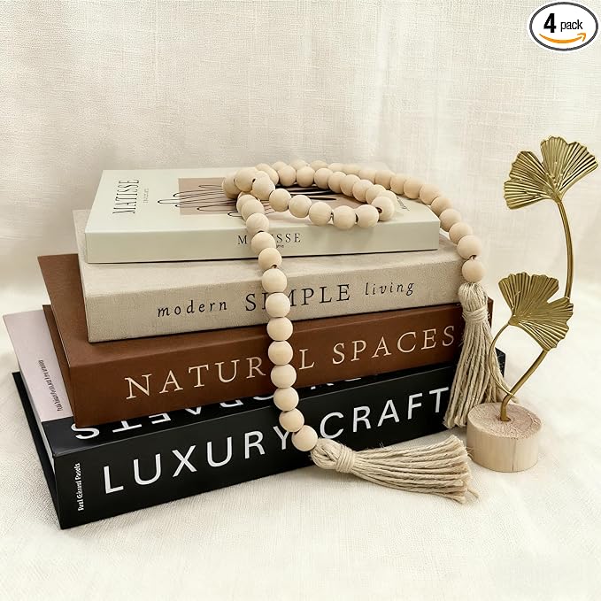 4PCS Decorative Book w/Wood Knot & Gold Ginkgo Leaf Statue, Book Shelf Decor Minimalist Linen Hardcover Faux/Fake Books for Coffee Table Home Decor Living Room Decoration, Photo Storage