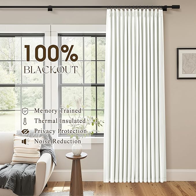 Ivory Pinch Pleated Linen Blackout Curtains 96 Inches Long for Bedroom Living Room 2 Panels Set, Darkening Thermal Insulated Double Layer Boho Neutral Pinch Pleat Hooks Rings Track System Curtain