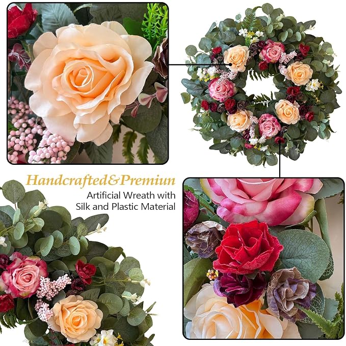 WANNA-CUL 24 Inch Pink Champagne Rose Spring Wreath for Front Door | Burgundy Rose and Eucalyptus Leaves, Ideal for Summer ,Fall ,Mother's Day, Valentine's Day, Indoor Outdoor Decor
