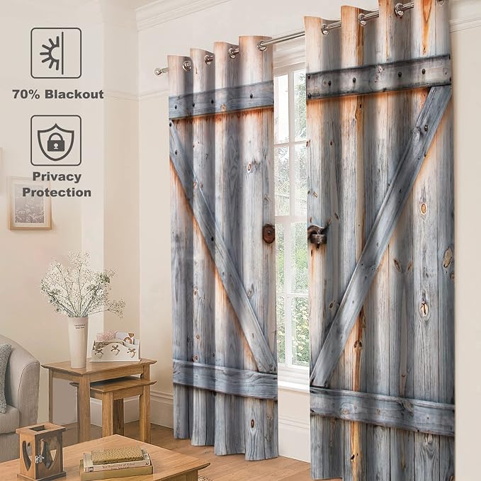 Jekeno Wood Barn Door Blackout Curtains Rustic Farmhouse Wooden Door in Retro Color Oak Board Countryside Village Rural Decor for Bedroom Living Room Grommet Window Drapes 2 Panel Set, 52"x63"