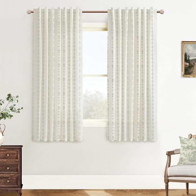 63 Inch Length Curtains 2 Panels Set,Sheer Linen Boho Sage Green Cream White Spring Leaf Curtains for for Living Room Kitchen Window Treatments