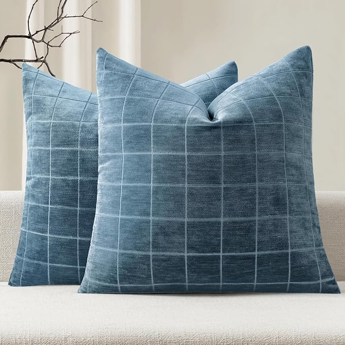 MIULEE Blue Plaid Decorative Throw Pillow Covers 18x18 Set of 2 | Vintage Check Chenille Couch Pillows Neutral Boho Farmhouse Cushion Covers Modern Home Decor for Sofa Bed Living Room