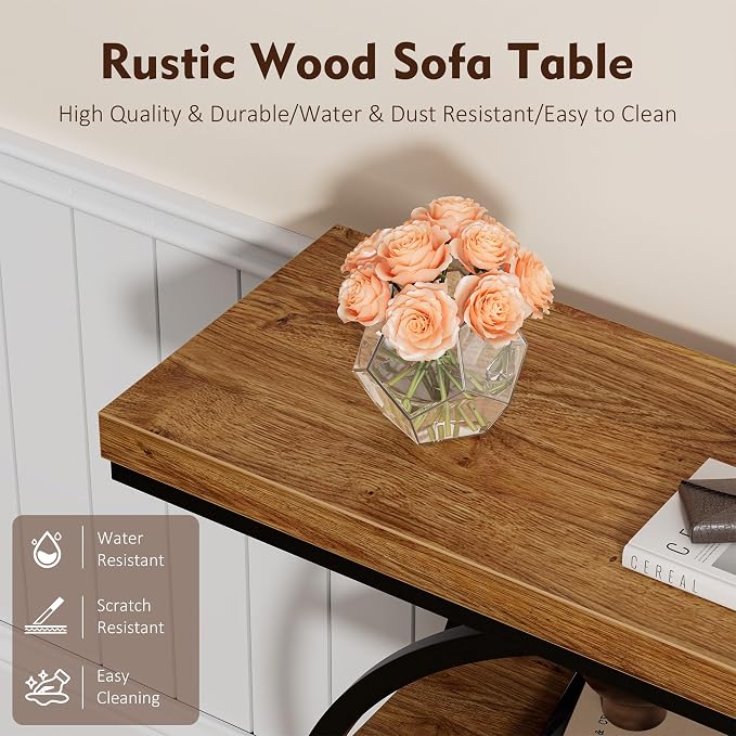 41.3" Console Table, Modern Sofa Table with Circle Base, 4-Tier Narrow Entryway Table for Hallway, Slim Industrial Accent Table with Storage Shelves for Living Room, Rustic Brown