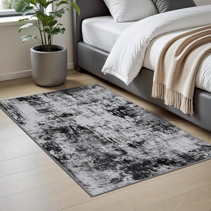 Rugflix 2x3 Entrance Rugs, Entry Rug Washable Non-Slip Stain-Resistant Low Pile Small Modern Dark Carpet, for Living Room Bedroom Indoor, Black Grey