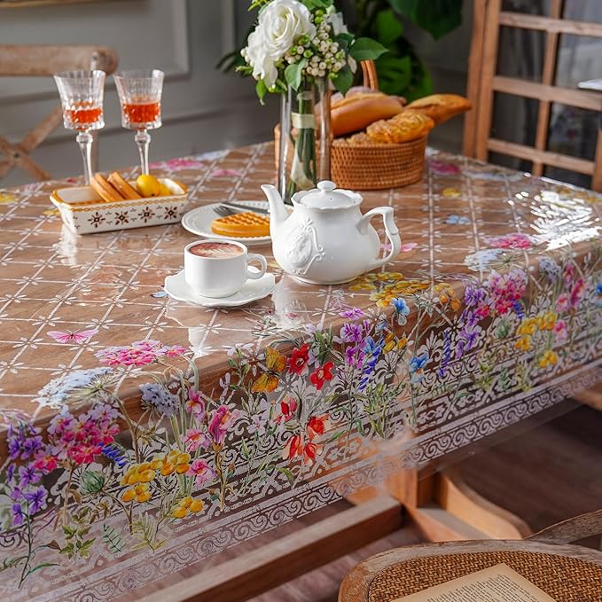 ARTABLE Clear Table Cover Protector Vinyl PVC Rectangle Table Cloth with Floral Print Pattern Oil Proof Wipe-able Plastic Tablecloths for Dining Tables Parties Holidays (Flowers, 55 x 120 Inches)