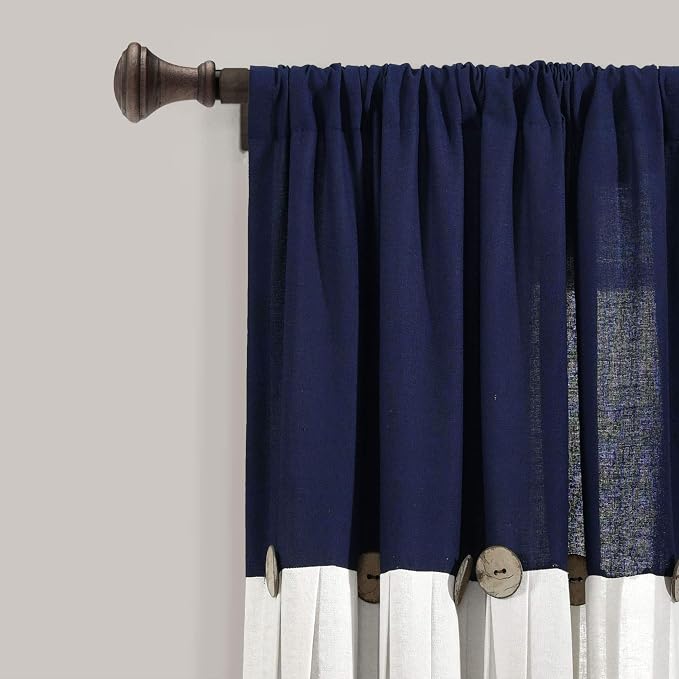 Lush Decor Linen Button Window Curtain Panel, Single, 40" W x 63" L, Navy & Off-white - Country Curtains - Rustic Decor - Color Block Modern Farmhouse Curtains For Living Room, Bedroom & Dining Room