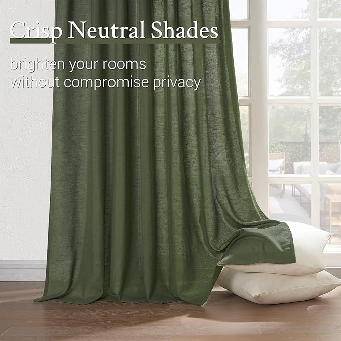 Topfinel Olive Green Pinch Pleated Linen Curtains 95 Inch Length 2 Panels for Living Room Bedroom Semi Sheer Window Curtain Boho Neutral Back Tab Pinch Pleat Drape with Hooks 95 Inches Long