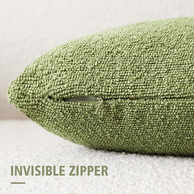 Foindtower Set of 2, Decorative Textured Boucle Throw Pillow Covers Accent Solid Pillow Cases Neutral Cozy Couch Cushion Case for Chair Sofa Bedroom Living Room Home Decor 24x24 Inch Leaf Green