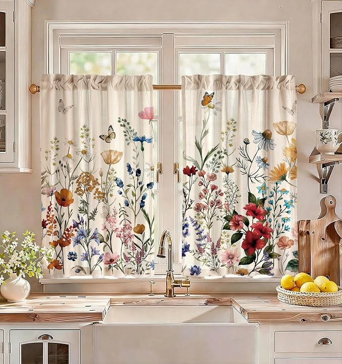 Miss Adola Floral Kitchen Tier Curtains - 36 Inch Length Linen Blend Farmhouse Cafe Curtains Vintage Small Window Treatments Over Sink Rod Pocket for Bathroom Living Room Light Filtering, 2 Panels
