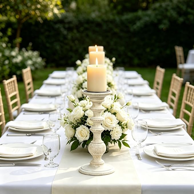Hosley Set of 4 11 Inch High White Wooden Pillar Candle Holder Country Style Ideal for Weddings or Parties as Well as Home Decor