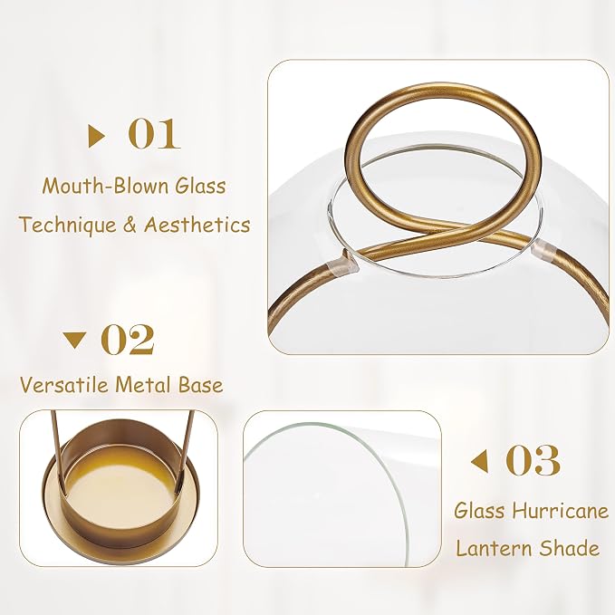 Hurricane Metal & Glass Candle Holder Set of 2 with Timer Candles, Decorative Candlestick Pillar Holder with Clear Glass for Wedding Party Holiday Dining Table Centerpiece Lanter, Gold