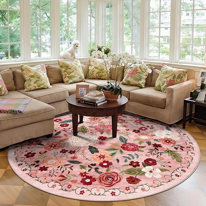 6ft Round Machine Washable Area Rug for Living Room, Dark Pink Vintage Boho Floral Rug Non-Slip Low Pile Soft Faux Wool Carpet Kids and Pets Friendly for Bedroom Nursery Farmhouse Home Decor Rug