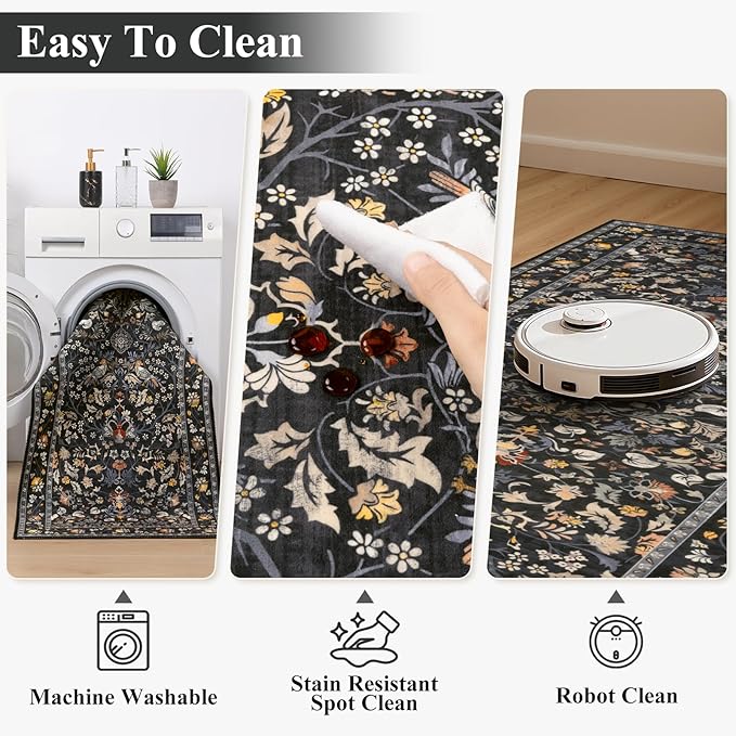 HEBE Washable Hallway Runner Rug 2'x 8' Non Slip Kitchen Rugs Runner, Low Pile Entryway Rug Laundry Room Mat Floral Carpet Runners for Hallways, Kitchen, Bathroom, Laundry, Bedside Rug