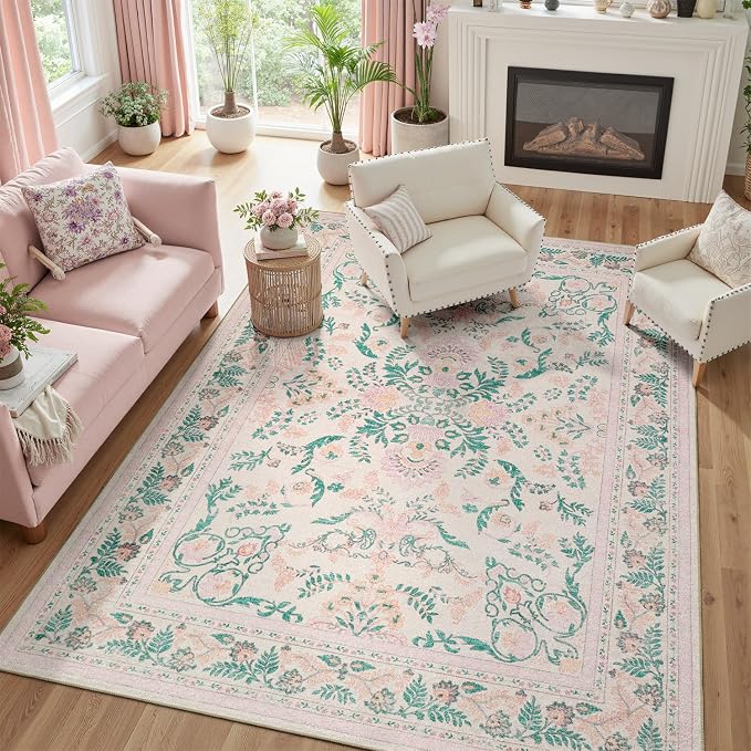 DCX 6x9 Pink Rug, Floral Rug for Girl’s Bedroom, Cute Soft Low Pile Non Slip Stain Resistant Machine Washable Indoor Décor, Kid & Pet Friendly Nursery Carpet for Living Room, Dorm, Playroom