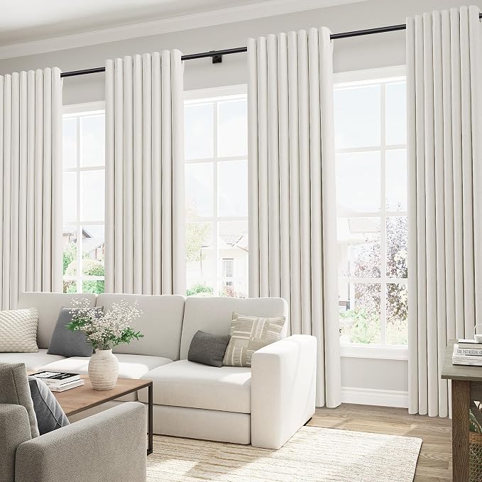 Jowels Beige White Linen Blackout Curtains 102 Length 2 Panels Set for Living Room Bedroom, 100% Black Out Thermal Insulated Linen Drapes, Room Darkening Grommet Curtains 102 Inches Long