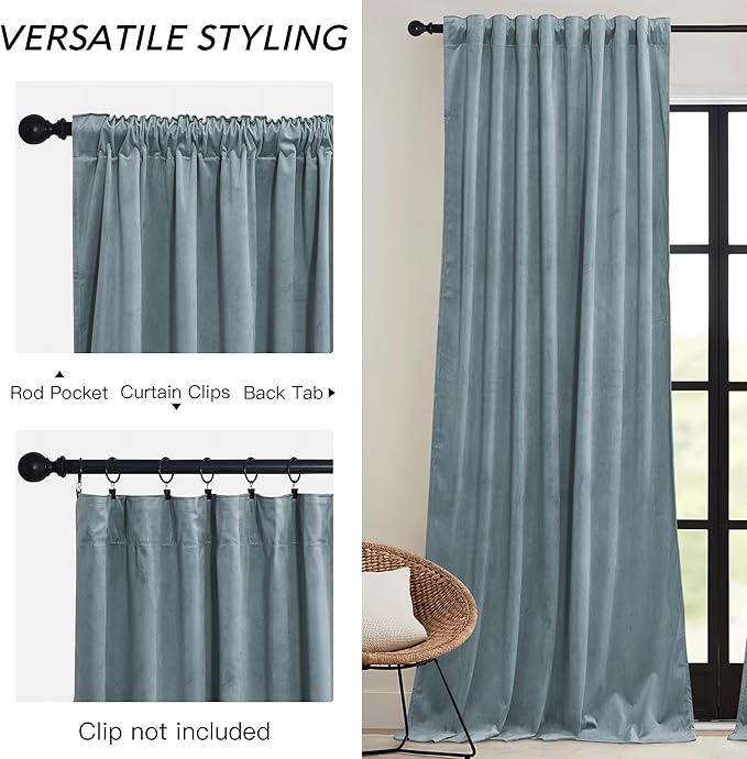 RYB HOME Stone Blue Velvet Curtains for Bedroom Living Room, Thermal Insulated Privacy UV Heat Blocking Luxurious Drapes for Nursery Dining Room, 62"W x 96"L, 2 Panels, Rod Pocket/Back Tab/Hook Belt