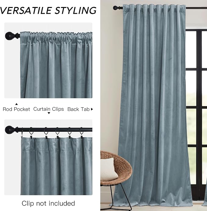 RYB HOME Stone Blue Velvet Curtains 96 inches - Blackout Curtains for Bedroom Thermal Insulated Noise Reducing Soft Luxury Window Decor for Living Room, W52 x L96 inches, 2 Panels
