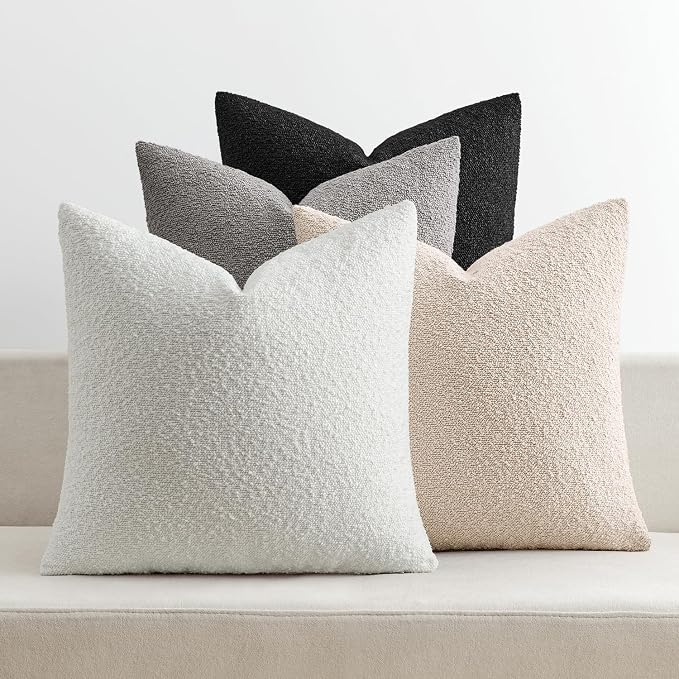 MIULEE Pack of 4 Decorative Textured Boucle Throw Pillow Covers | 18x18 Inch Black White Accent Pillow Cases Soft Couch Cushion Covers Modern Farmhouse Boho Sofa Bed Livingroom Home Decor