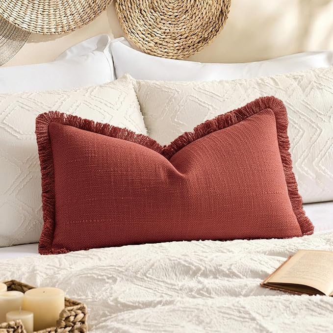 Kevin Textile 12x20 Inch Lumbar Pillow Cover 1 Pack Boho Fringe Decorative Rectangle Cushion Case with Tassels Neutral Cotton Woven Textured Farmhouse for Living Room Couch Sofa Bed, Burnt Brick