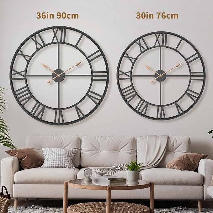 36 Inch Extra Oversized Large Giant Modern Decorative Wall Clock,Vintage Industrial Farmhouse Black Metal Big Roman Numeral Large Clocks for Living Room Decor,Entrance Fireplace,Dining Room